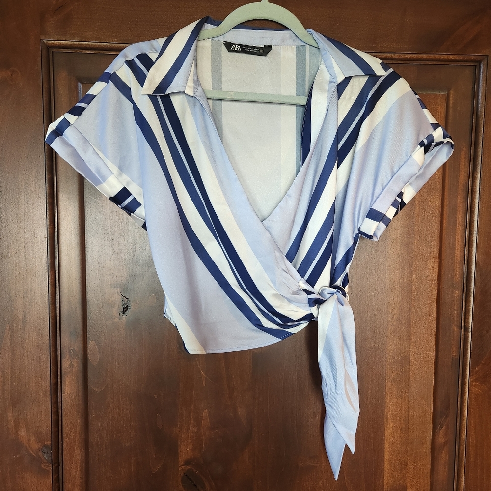Zara Navy and White Striped Wrap Blouse